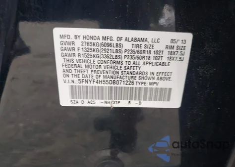 2013 Honda Pilot Ex-L из США, поврежденный, VIN 5FNYF4H55DB071226